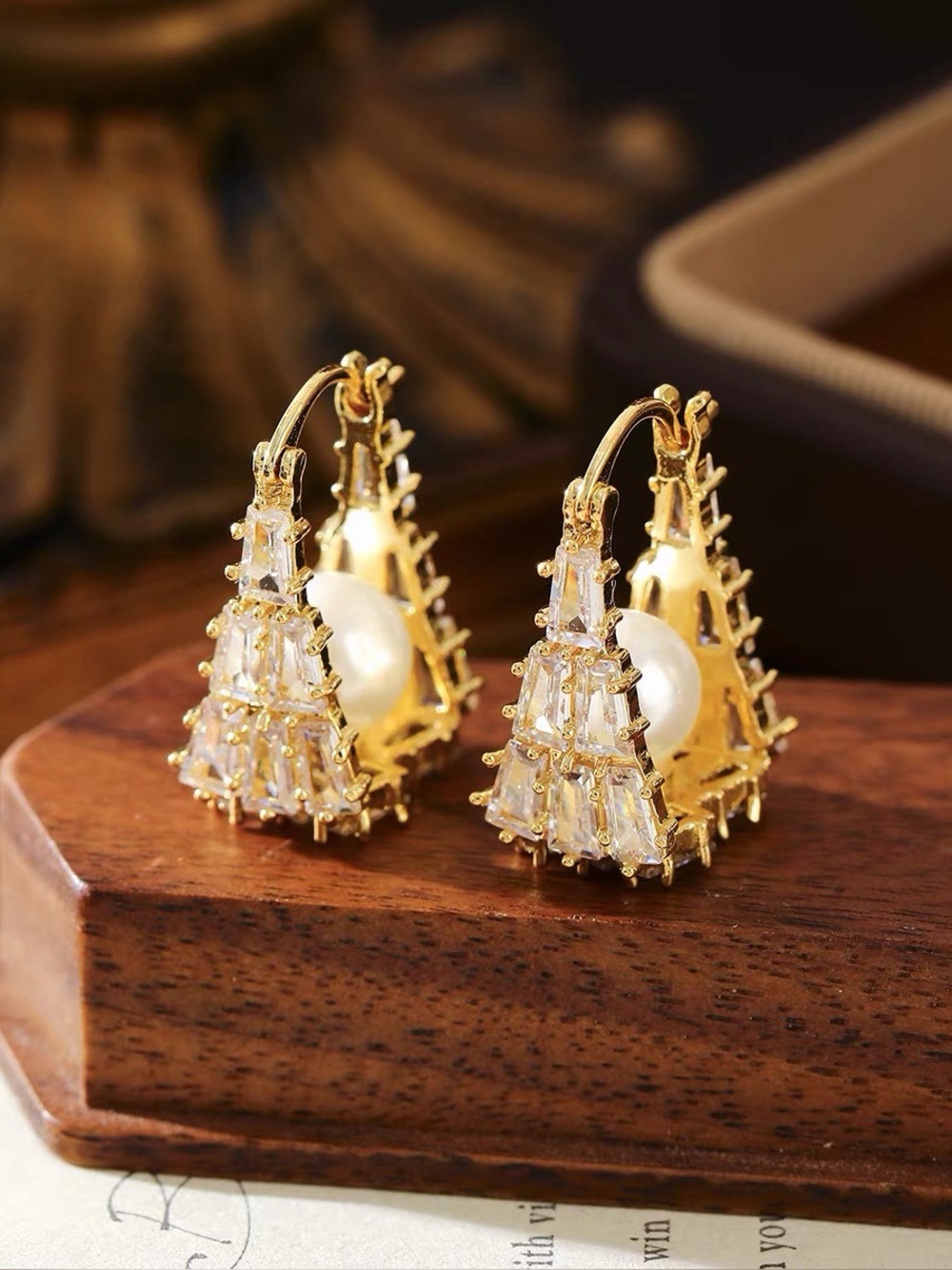 Gold Pearl Triangle Drop Earrings - Elegant Women Jewelry
